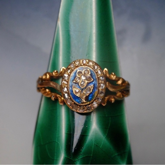 19th century 15k Gold Forget Me Not Diamond & Blue Enamel Ring - Picture 5 of 13
